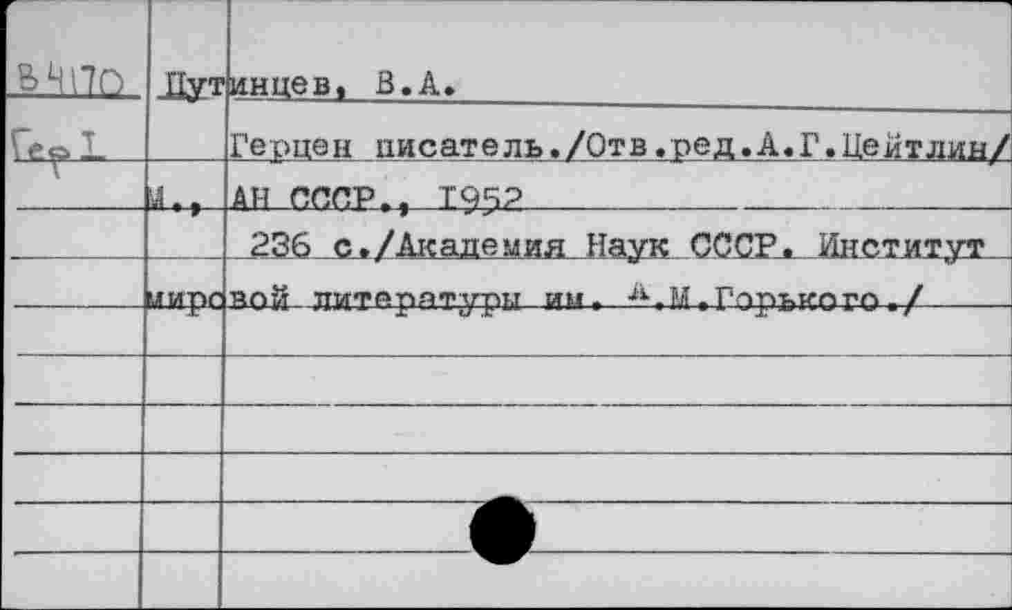 ﻿6 НПО	Дут	инцев, В.А.
		Герцен писатель./Отв/ред. А. Г.Цейтлин/
	Й *	ан ссср., Т95?	
		236 с./Академия Наук СССР. Институт ЛИТетлятУТШ ин. ^.М , ГОРЬКОГО . /
	миря	
		
		
		
		
		
		